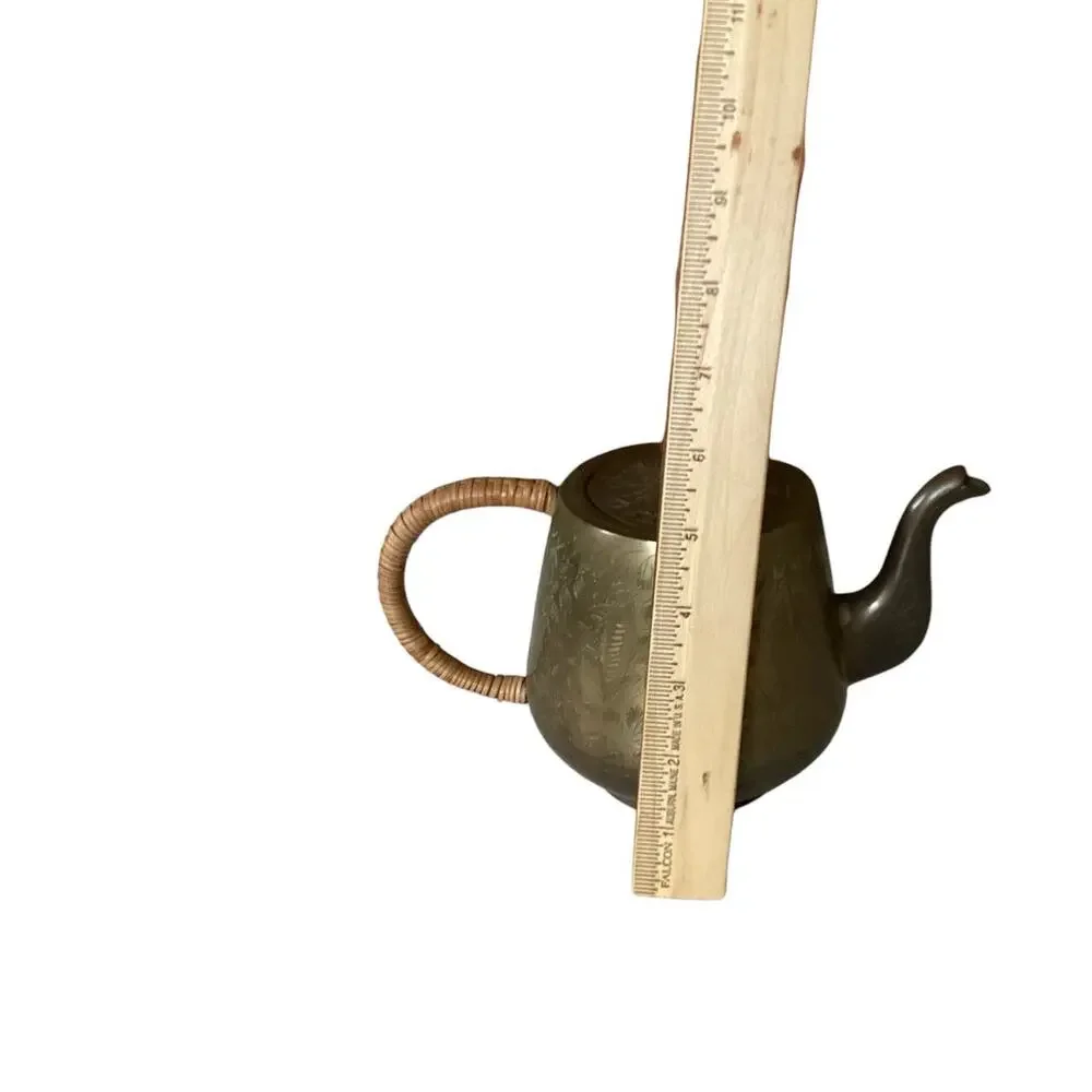 Etched Brass Vintage Teapot Woven Wrap Handle India Marked